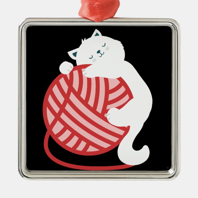 Cute white cat with yarn ball metal ornament (Front)
