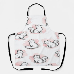 Cute White Cats Pink Watercolor Pattern Kawaii Cat Apron