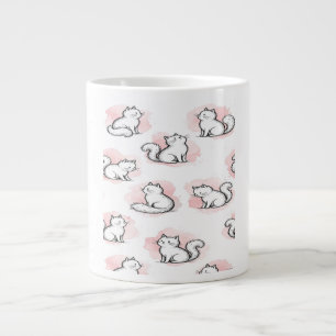 Cute White Cats Pink Watercolor Pattern Kawaii Cat Large Coffee Mug
