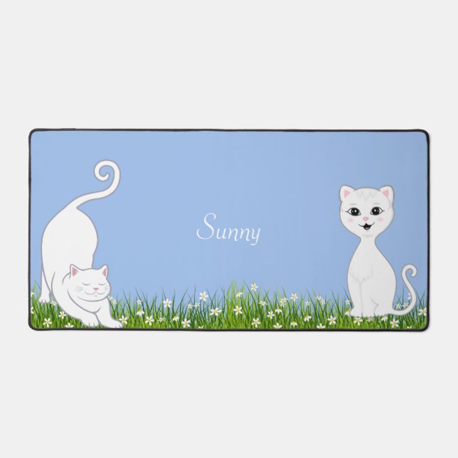 Cute White Cats with Flowers  Desk Mat (Front)