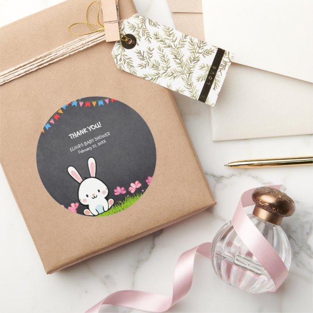 Cute White Chalkboard Bunny Baby Shower Classic Round Sticker (Gifting)