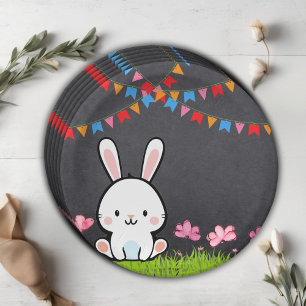 Cute White Chalkboard Bunny Baby Shower Paper Plate