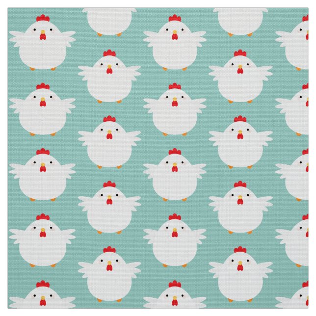 Cute White Chicken on Pale Blue Pattern Fabric (Swatch)