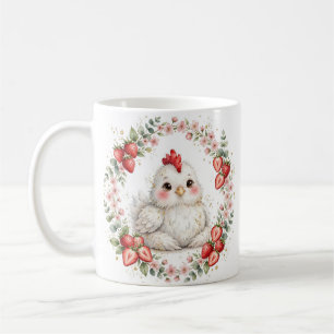 Cute White Chicken Strawberry Floral Wreath Mug