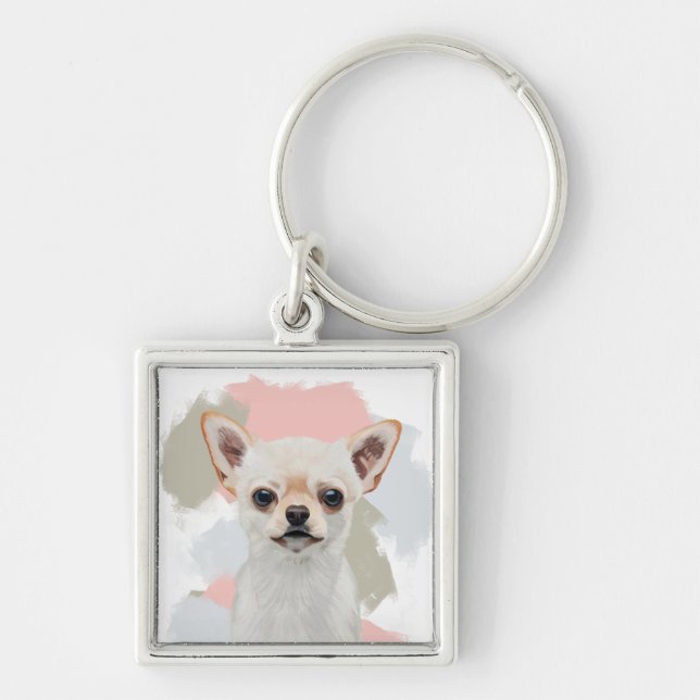 Cute White Chihuahua Dog Key Ring (Front)