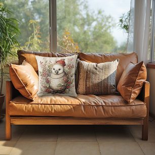 Cute White Christmas Bird Wearing Red Hat Cushion