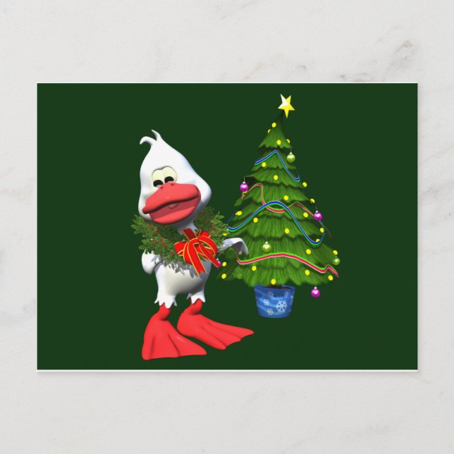 Cute White Christmas Duck Wearing a Wreath Holiday Postcard (Front)