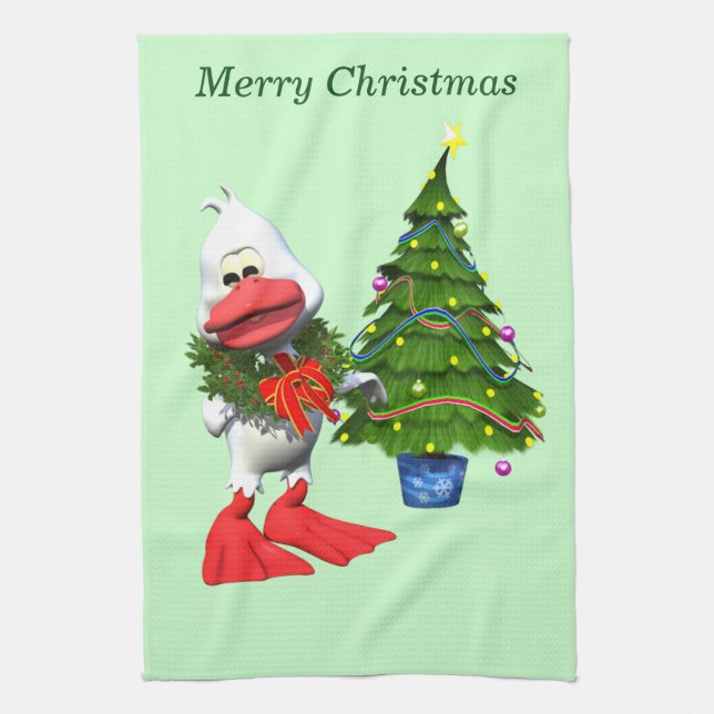 Cute White Christmas Duck Wearing a Wreath Tea Towel (Vertical)