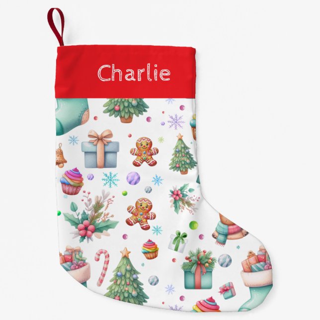 Cute White Christmas Pattern | Holiday Cheer Small Christmas Stocking (Front)