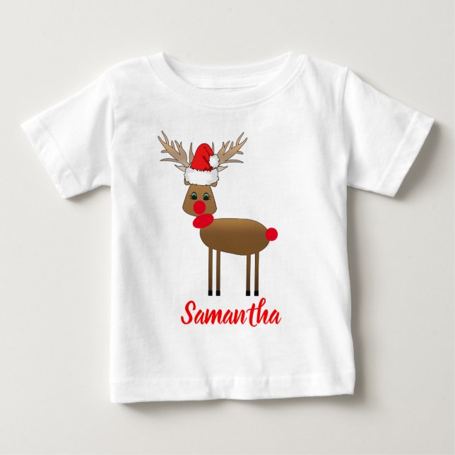 Cute White Christmas Red Nose Reindeer Santa's Hat Baby T-Shirt (Front)