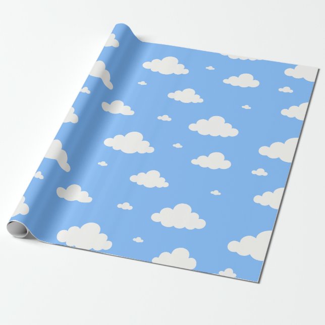 Cute white clouds pattern sky blue seamless wrappi wrapping paper (Unrolled)