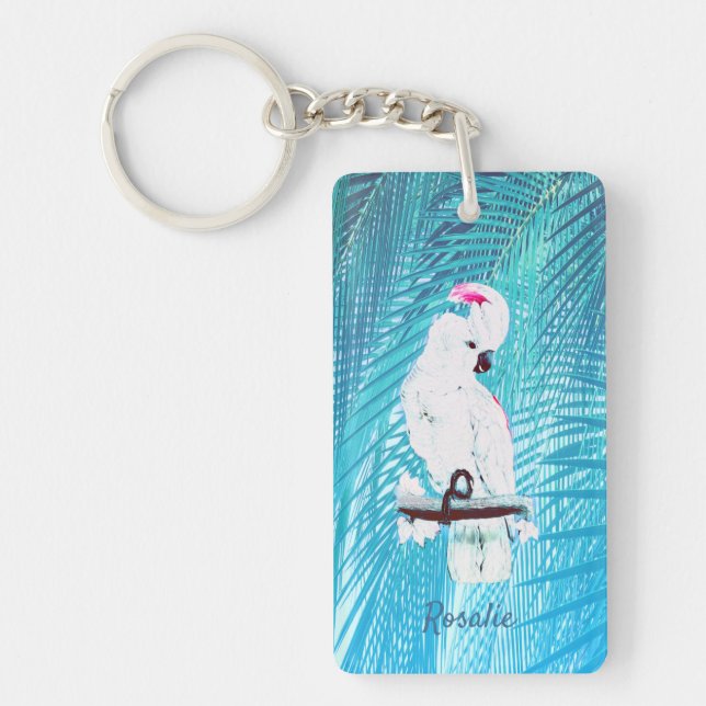 Cute White Cockatoo Tropical Greenery Palm Leaves Key Ring (Front)