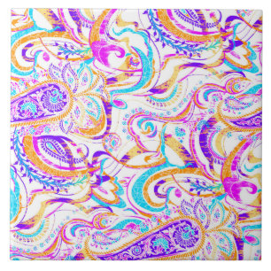 Cute white colourful paisley design ceramic tile