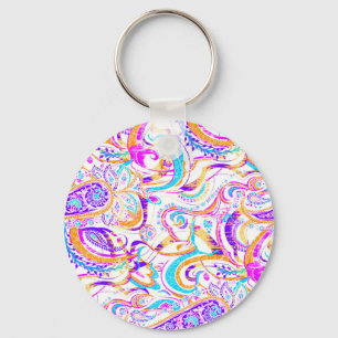 Cute white colourful paisley design key ring