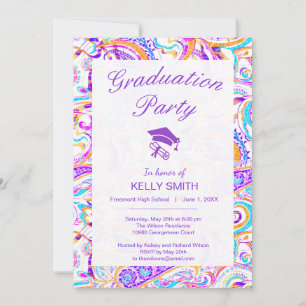 Cute white colourful paisley graduation party invitation