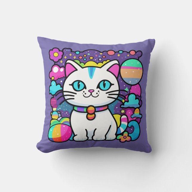 Cute White Cosmic Space Kitty Cat Cushion (Front)