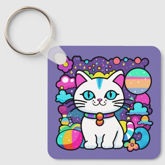 Cute White Cosmic Space Kitty Cat Key Ring (Front)