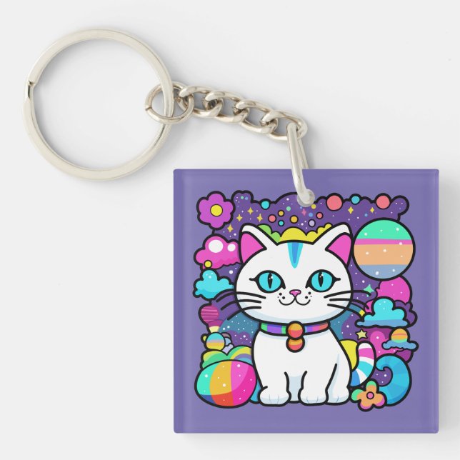 Cute White Cosmic Space Kitty Cat Key Ring (Front)