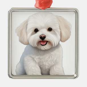 CUTE WHITE CURLY BICHON FRISE PUPPY DOG METAL ORNAMENT