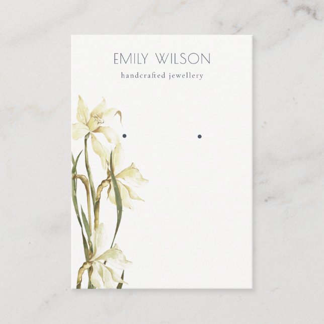 Cute White Daffodil Floral Stud Earring Display Business Card (Front)