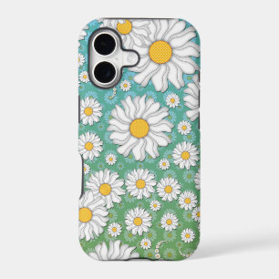 Cute White Daisies on Blue Green