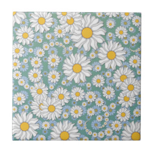 Cute White Daisies on Dusty Teal Blue Green Ceramic Tile