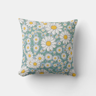 Cute White Daisies on Dusty Teal Blue Green Cushion