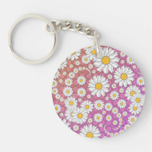 Cute White Daisies on Pink Yellow Background Key Ring