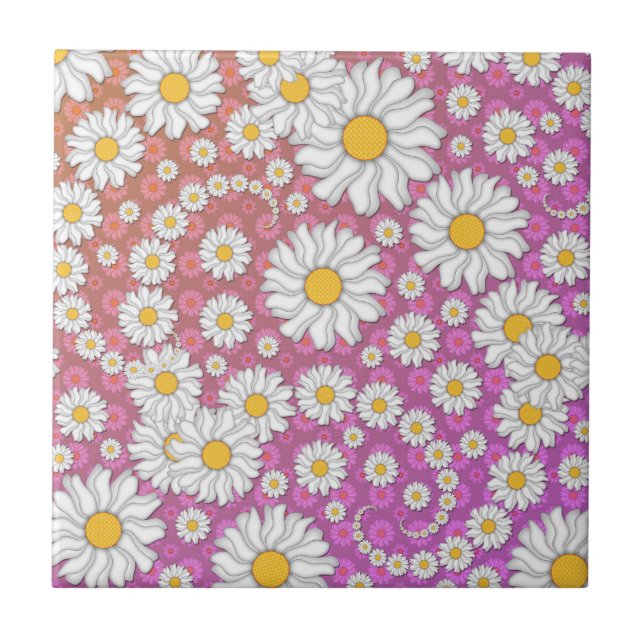 Cute White Daisies on Pink Yellow Background Tile (Front)