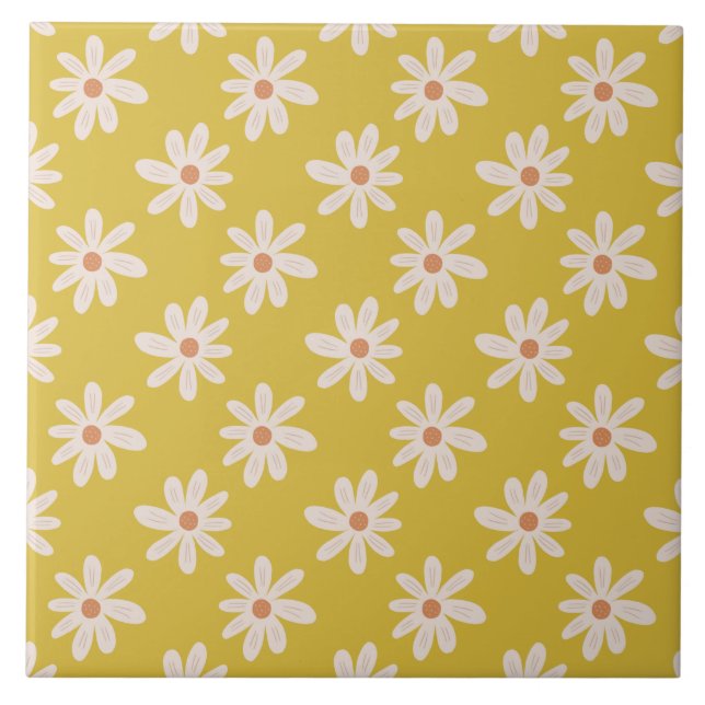 Cute White Daisy Flower Mustard Ceramic Tile (Front)