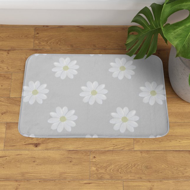 Cute White Daisy Flower Pattern Grey Bath Mat (A soft gray bath mat with a cute white daisy pattern. )