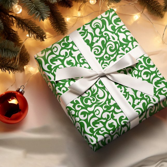 Cute White Dark Green Damask Floral Pattern Wrapping Paper (Creator Uploaded)
