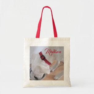 Cute White Dog Drinking Water Custom Name Red Tote Bag