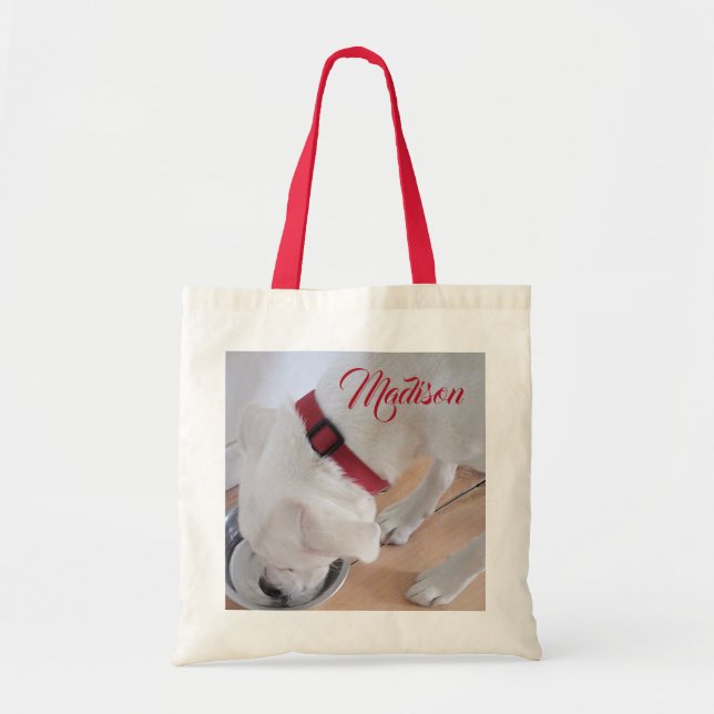 Cute White Dog Drinking Water Custom Name Red Tote Bag (Front)