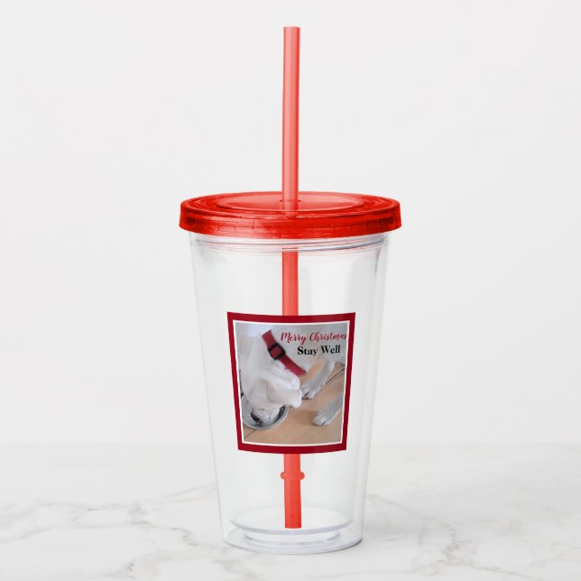 Cute White Dog Drinking Water Red Christmas Acrylic Tumbler (Front)