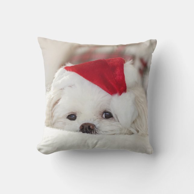 Cute White Dog in a Red Christmas Hat Cushion (Front)