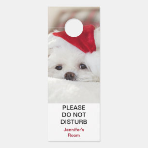 Cute White Dog in a Red Christmas Hat Door Hanger
