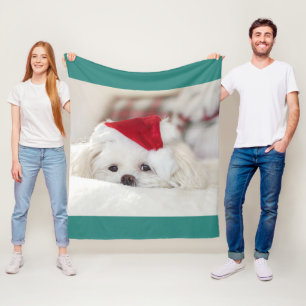 Cute White Dog in a Red Christmas Hat Fleece Blanket