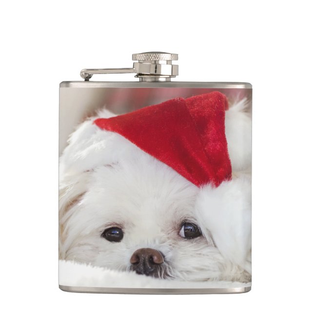 Cute White Dog in a Red Christmas Hat Hip Flask (Front)