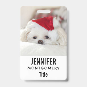 Cute White Dog in a Red Christmas Hat ID Badge