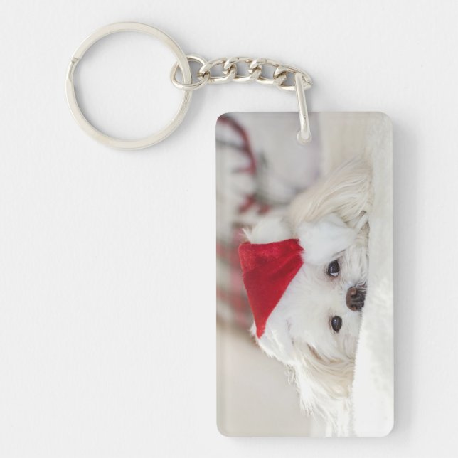 Cute White Dog in a Red Christmas Hat Key Ring (Front)