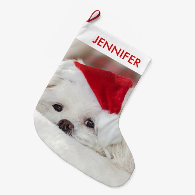Cute White Dog in a Red Christmas Hat Large Christmas Stocking (Front (Hanging))