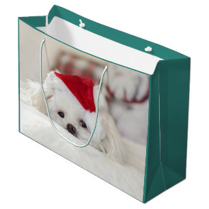 Cute White Dog in a Red Christmas Hat Large Gift Bag