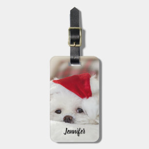 Cute White Dog in a Red Christmas Hat Luggage Tag