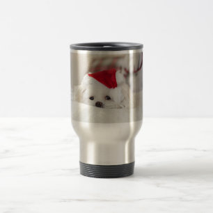 Cute White Dog in a Red Christmas Hat Travel Mug