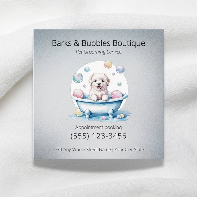 Cute white dog in bath pet grooming professional square business card (Creator Uploaded)
