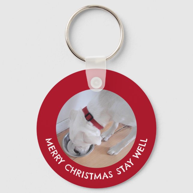 Cute White Dog Photo Healthy Merry Christmas Red Key Ring (Front)