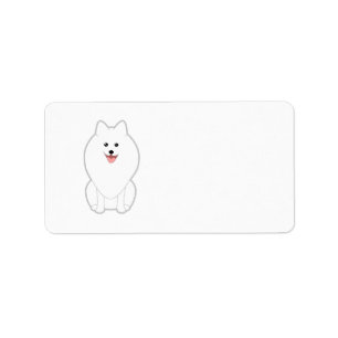 Cute White Dog. Spitz or Pomeranian. Label