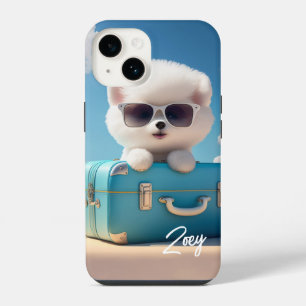 Cute White Dog Travel Suitcase Personalised Name iPhone 14 Case