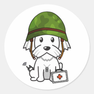 Cute White Dog Wearing army helmet Classic Round Sticker